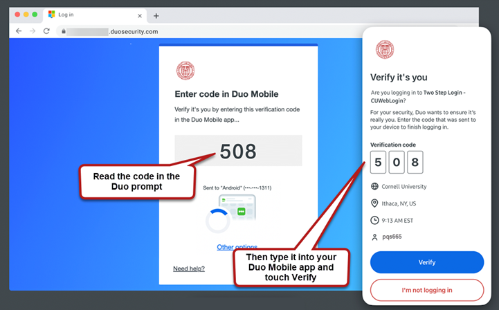 Two-Step Login process with Duo Verified Push showing Duo prompt providing a three-digit number beside an image of the Duo Mobile app with a three-digit field for entering that number