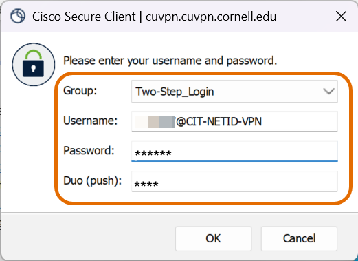 Cisco Secure client dialog box.
