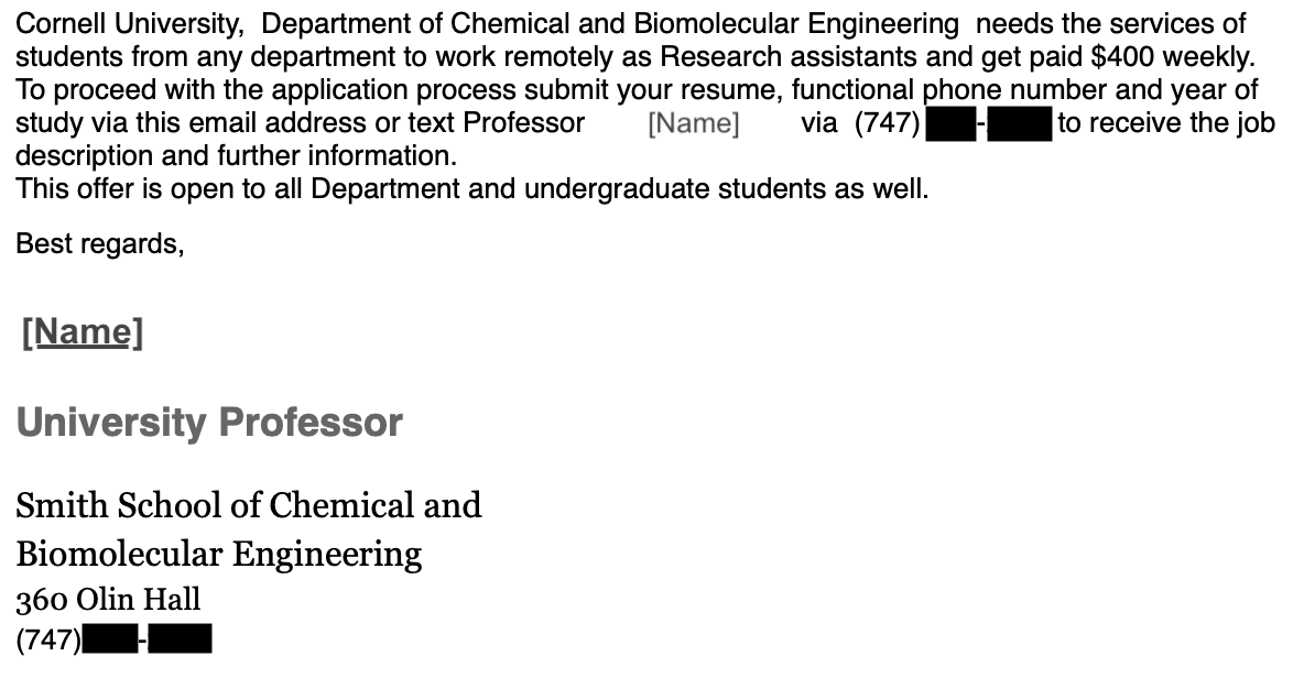A screenshot of a fake student employment email