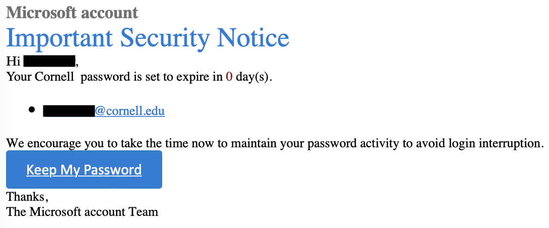 A screenshot of a fake Microsoft "Important Security Notice" indicating a user's Cornell password is expiring in 0 days.