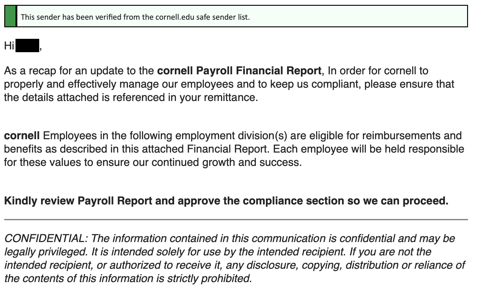 A fake payroll notification prompting the recipient to "Kindly review Payroll Report and approve the compliance section so we can proceed"