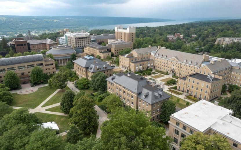 Aerial view of campus in the summer.
