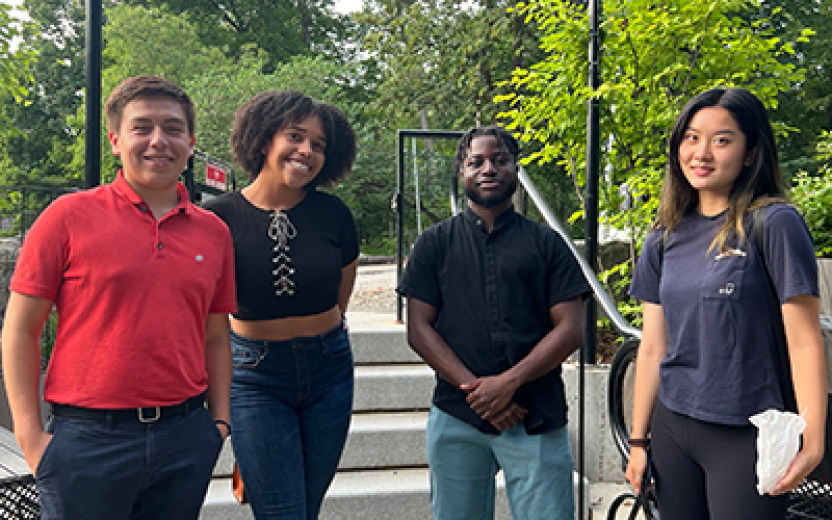 Several of ADI's interns posing near Kroch Library on Cornell's Arts Quad after visiting the Hip-hop collection.