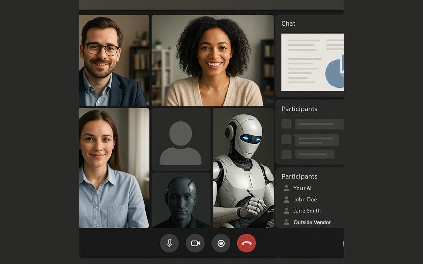 A mockup of an online meeting with a robot taking notes, and a blank for an attendee who didn't come