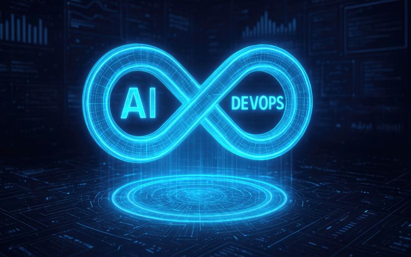 a graphic illustration of an infinity loop that connects AI with DevOps tools.