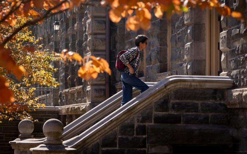 Student climbs steps to White Hall. Photo by Jason Koski (UREL).
