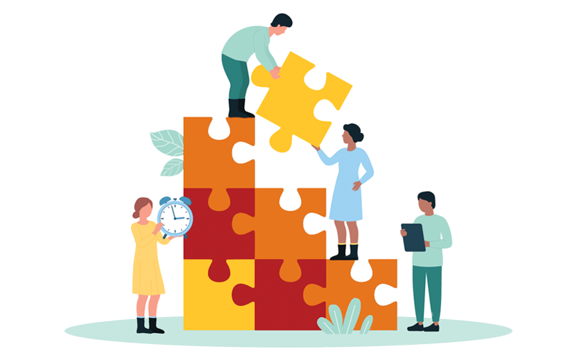 cartoon-style individuals work together to assemble a puzzle