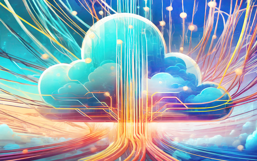Ai-generated digital representation of a cloud and fiber optics suggesting cloud data transfer.