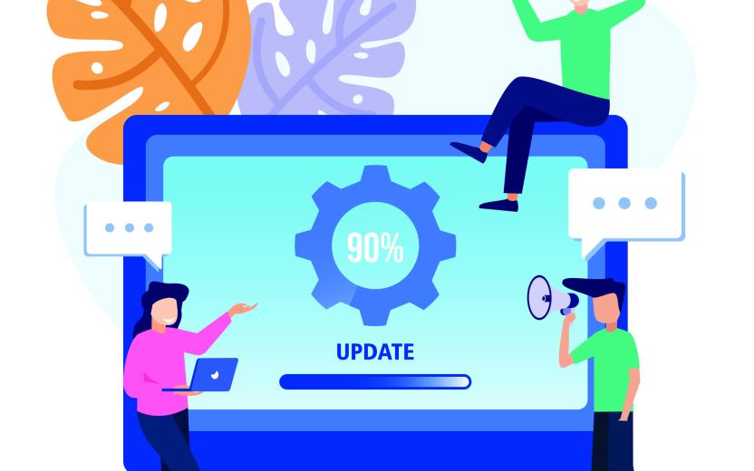 Illustration of people around a computer screen that's displaying an update in progress.