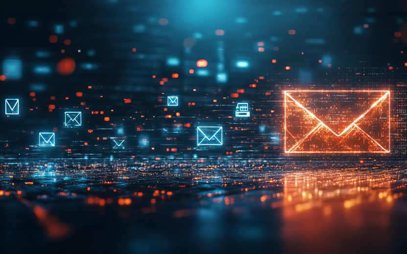 ai generated image of email icons floating in cyberspace.