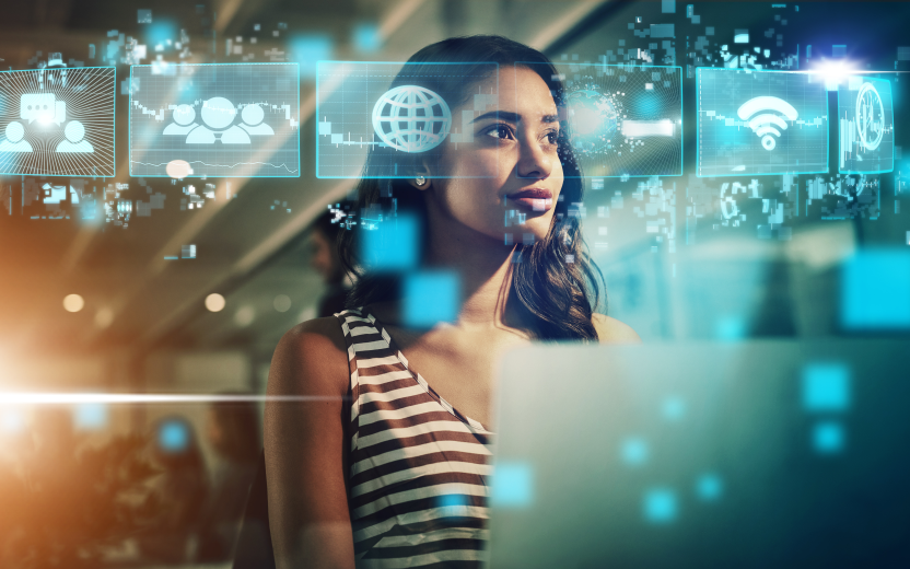 Person at a computer with images of screens around her