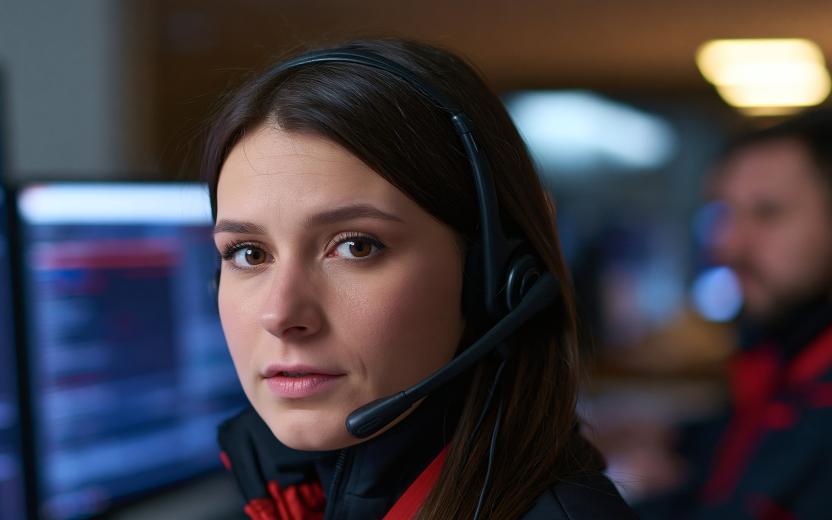 a technical service support person wearing a headset looks up from her screen