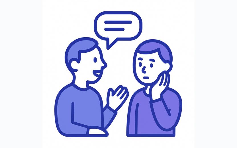 Minimalist icon-style illustration of two people one person speaking and the other listening.
