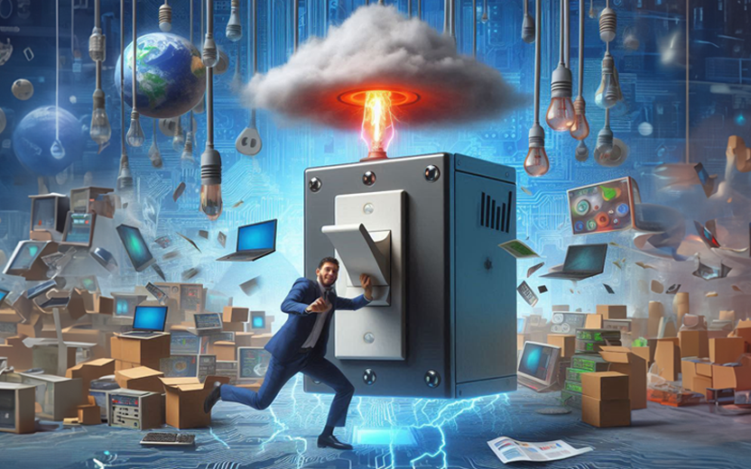 Ai-generated image of man flipping a giant switch surrounded by apocalyptic computer imagery.