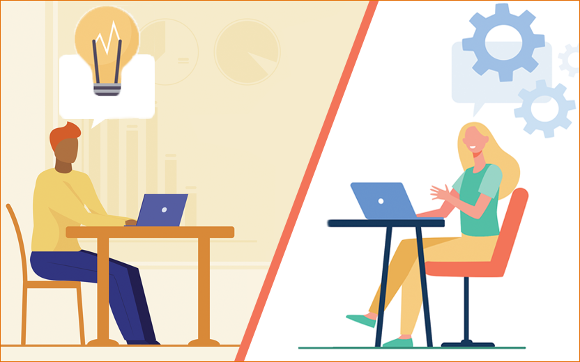 Illustration of two people separately working at their computers. One has a lightbulb over their head. The other has gear icons over their head.