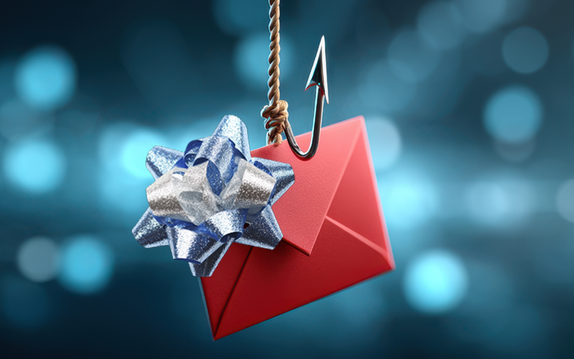 A red envelope with a holiday bow avoids snagging by a fish hook