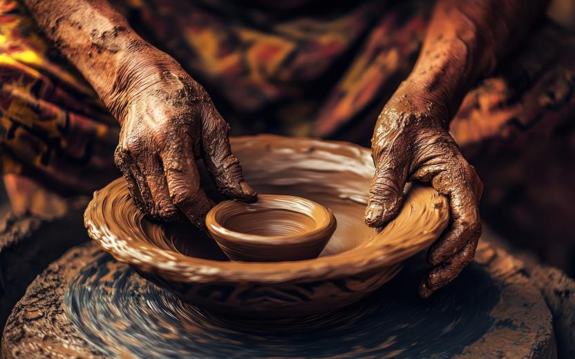 A potter throwing clay on a wheel