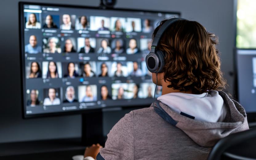 a man watches a videoconference discussion on a wide monitor