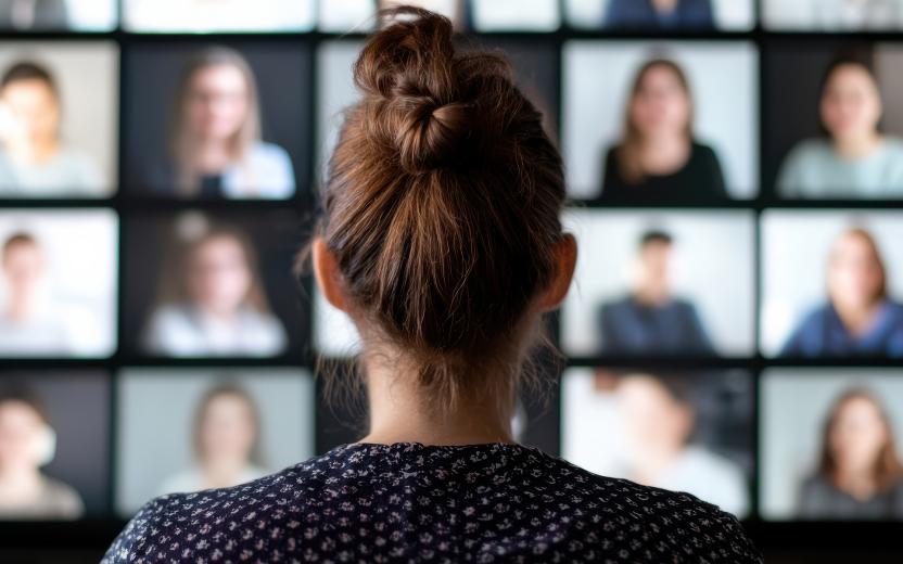 a woman looks at a screen of participants in a videoconference call