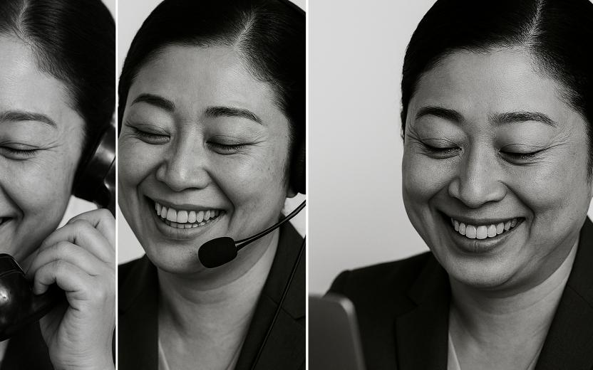 A woman uses three different methods of communication: a handset attached to a cord, a hands-free headset, and typing messages a laptop.
