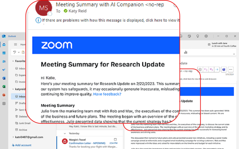 ZAC Meeting Summary email shown with highlight in typical Outlook desktop