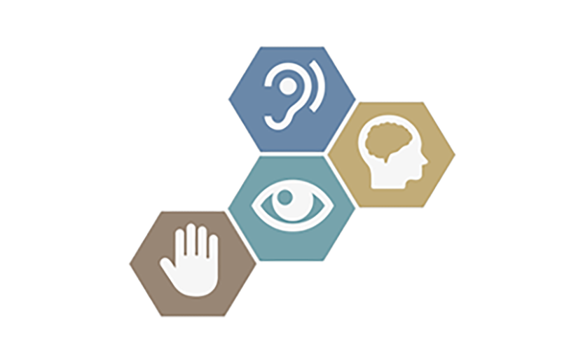 Image showing icons in interconnecting blocks that suggest manual visual mental and aural accessibility