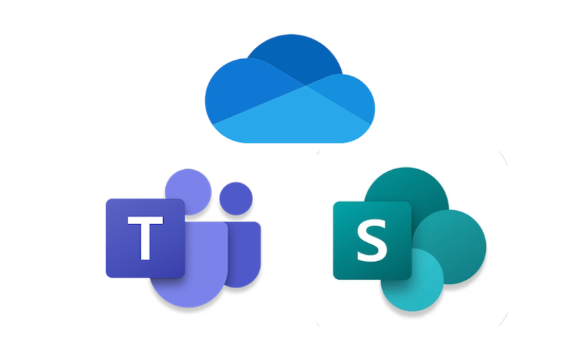 Logos for Microsoft Teams, OneDrive, and SharePoint