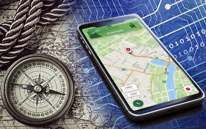 A compass and a smartphone displaying GPS lie on a map that bleeds into binary code and circuitry imagery.