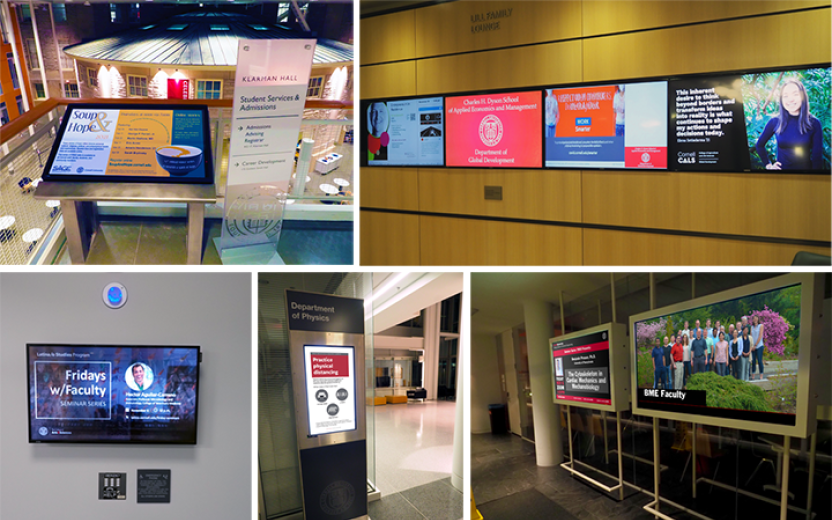 CUView digital signage examples shown in a variety of locations around the Cornell campus, including information panels, kiosks, and departmental signs.