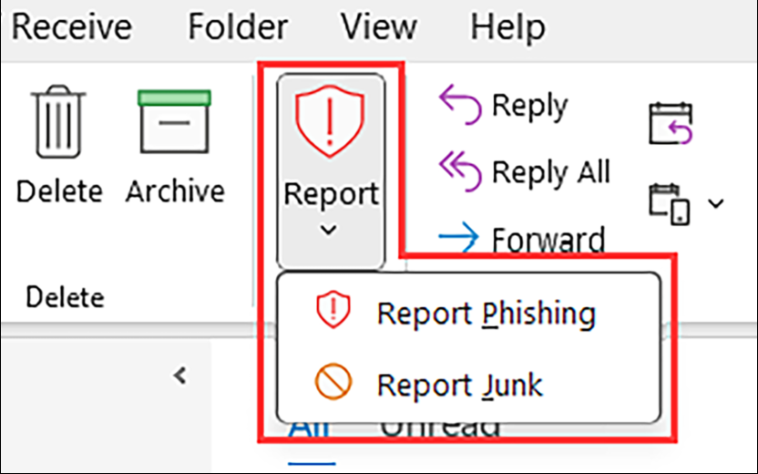 a screenshot of built-in junk and phish reporting tools in Outlook