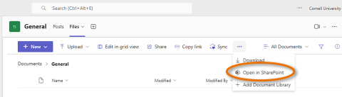 Directions for opening Sharepoint in Teams while on Files Tab, selecting the three dots