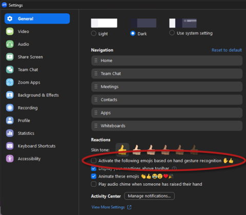 Screen capture of Zoom client General settings showing option to "Activate the following emojis based on hand gesture recognition"