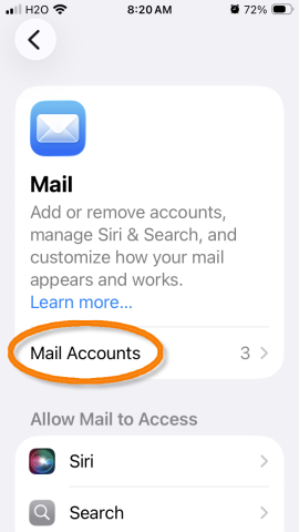 Image of iPhone with Mail Accounts selected