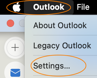 The menu for Outlook desktop on a Mac can be found by the apple icon in the top toolbar.