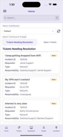 TeamDynamix mobile app screen showing IT tickets view