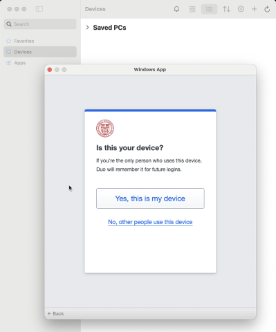 Screen asking for confirmation of your device