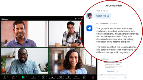 Zoom meeting with four attendees showing AI Companion panel and in-meeting "catch up" questions asked by an attendee
