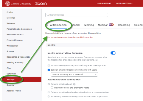 screen capture in small version of Zoom account settings for AI Companion