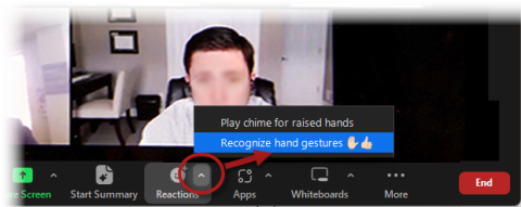 Screen capture of Zoom meeting showing Reactions button and option to Recognize hand gestures.