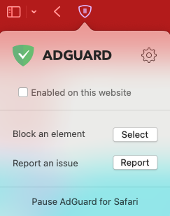 A screenshot of the AdGuard Safari browser extension showing a checkbox beside the text Enabled on this website.