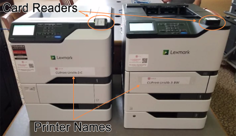 Card readers are generally located on the top right of the machine and printer names are taped to the front middle near or on a paper tray drawer.