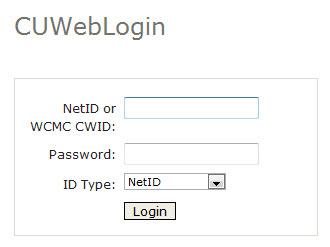 Asks for netid or WCMC CWID and password with a dropdown menu to specify ID type