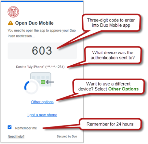 Duo prompt for a Duo Push prompt with annotations for three-digit code, destination device, Other options link, and Remember me checkbox