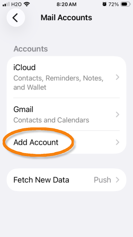 Image of iPhone with Add Account selected