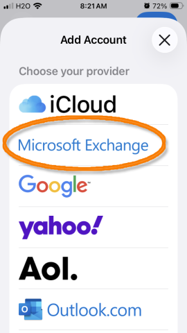 Image of iPhone with Microsoft Exchange selected
