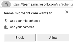 Screenshot of a web browser where teams.microsoft.com is prompting for access to use the microphone and camera