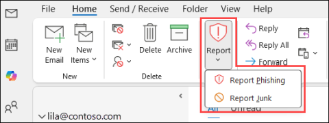An illustration showing where to find the "Report" button in the tool bar for Microsoft Outlook