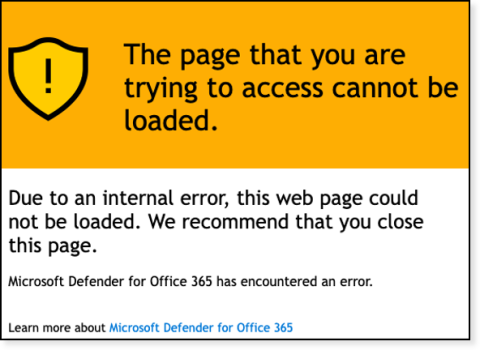 The yellow warning box says the page that you are trying to access cannot be loaded