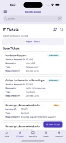 TeamDynamix mobile app screen showing IT tickets view