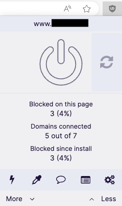 A screenshot of the uBlock Origin browser extension showing a large power button icon.